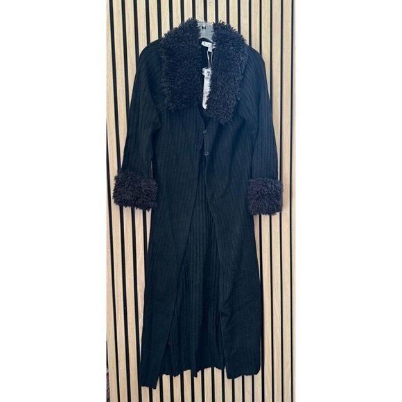 NWT ANTHROPOLOGIE FLAT WHITE FAUX FUR TRIM CARDIGAN SWEATER MAXI DUSTER BLACK OS - Picture 5 of 5